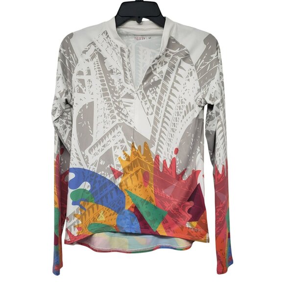 Terry Cycling Long Sleeve Athletic Shirt Front Zip Womens M Eiffel Tower Print - Picture 1 of 12